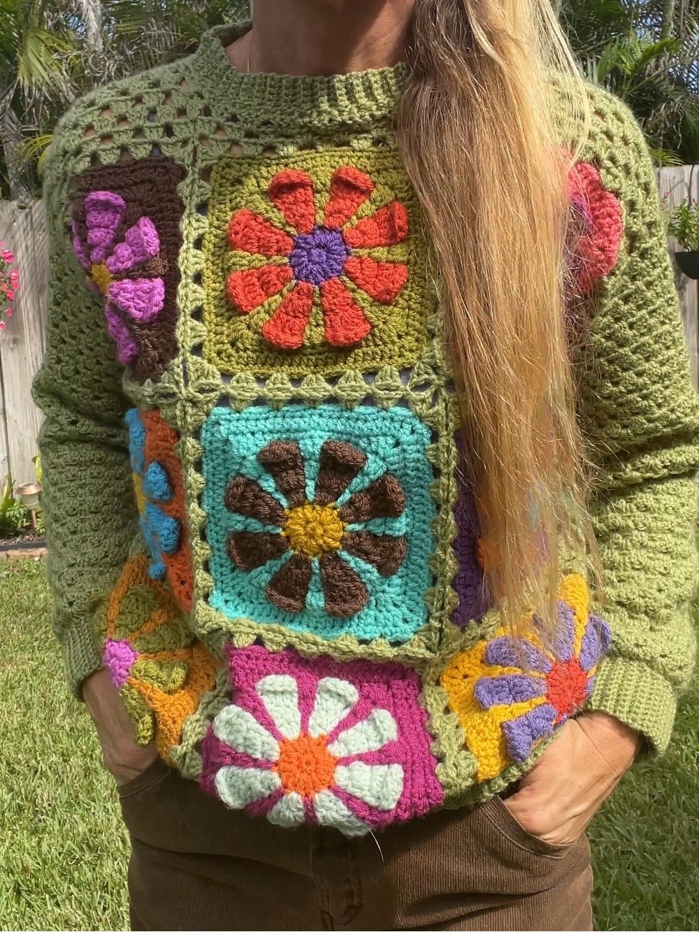 Handmade Olive Green Crochet Flower Patchwork Sweater